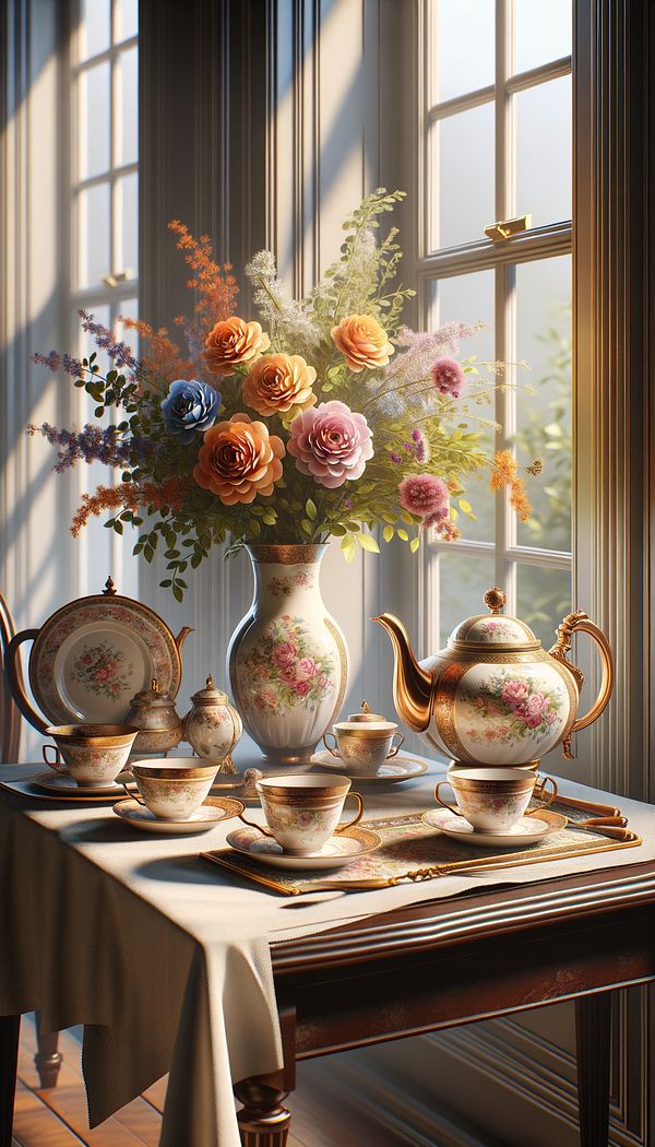 a beautifully styled tea table with delicate china and a vase with fresh flowers, positioned by a window with natural light pouring in