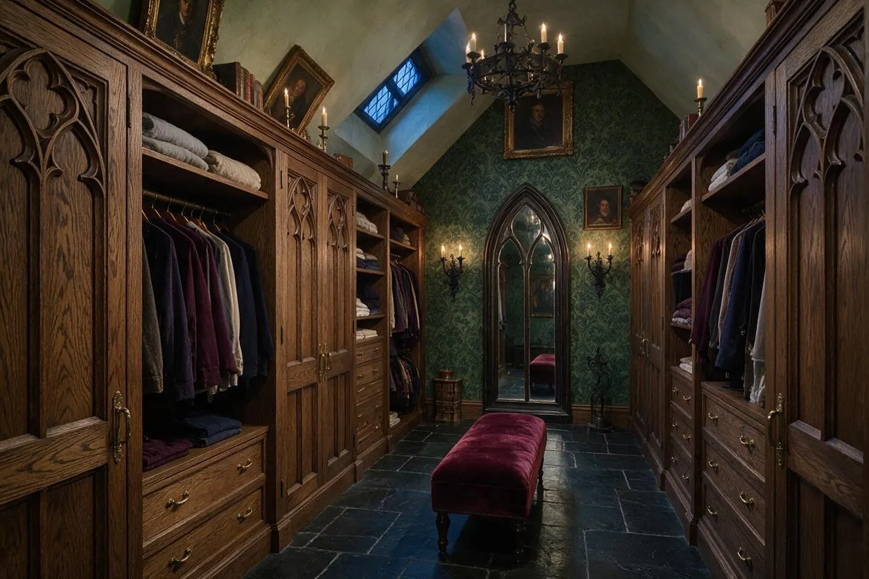 A dramatic Gothic-style closet lined with carved oak wardrobes on both sides, displaying hanging clothes and folded linens. The room features dark stone tile flooring, green patterned wallpaper, a pointed arched mirror, candle-style wall sconces, and a burgundy velvet bench under a vaulted ceiling with a small stained-glass window.