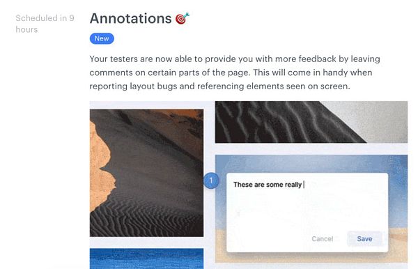 The image displays a user interface for a new annotation feature that allows testers to leave comments on specific parts of a page.