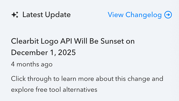 The image displays a notification about the Clearbit Logo API being discontinued.