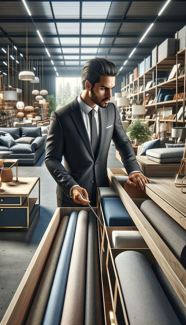 An interior designer browsing through a showroom filled with various stock furniture pieces.