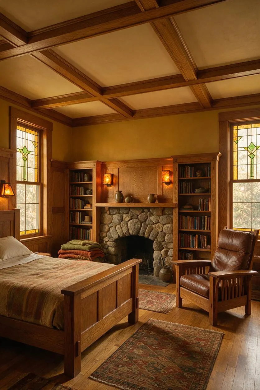 A cozy Craftsman-style guest bedroom with a wooden bed, leather armchair, built-in bookshelves, and a stone fireplace centered on the back wall. Wood beams divide the ceiling, and stained-glass windows add warm colored light to the amber and brown room.