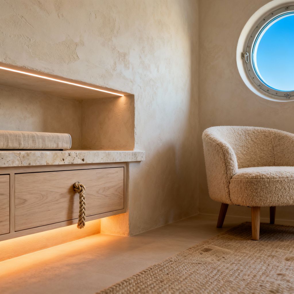 A serene coastal media nook features a rounded boucle armchair beside a circular porthole window with bright blue sky beyond. A plaster wall holds a built-in niche and a floating light-oak console topped with travertine; warm LED strip lighting lines the shelf and toe-kick, while a braided rope knot serves as the drawer pull. A natural jute rug grounds the sandy palette, emphasizing soft textures and a relaxed, nautical feel.
