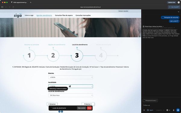 The image displays a web interface for booking an appointment related to driver's license services in Lisbon.