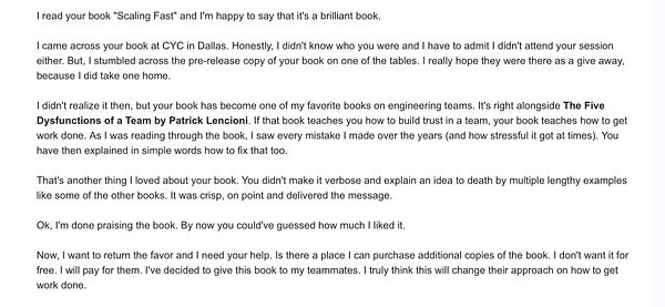 A detailed email expressing appreciation for the book 'Scaling Fast' and requesting assistance in purchasing additional copies.