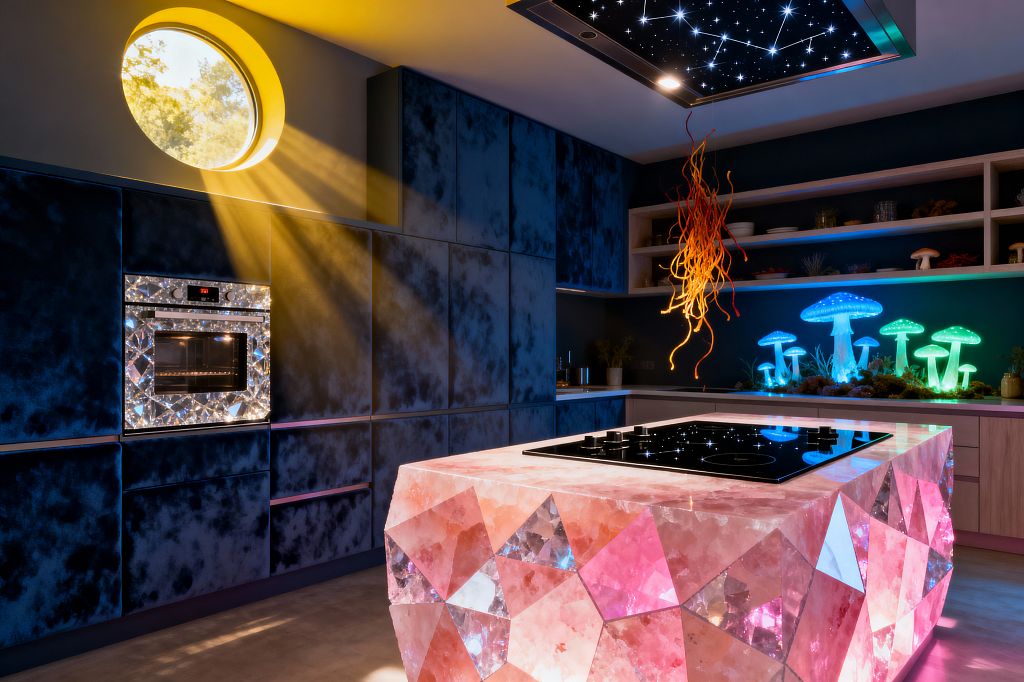 A surreal kitchen features a faceted, pink gemstone-like island with a black induction cooktop beneath a ceiling panel dotted with LED constellations. Midnight-blue mottled cabinets hold a crystal-trimmed wall oven; a round porthole window throws warm sunbeams across concrete flooring. Open shelves at right display glowing blue and green mushroom sculptures and small plants, while an orange, tendril-style pendant adds drama, blending fantasy lighting with practical work surfaces and integrated storage.
