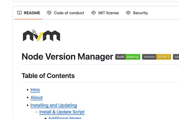 The image displays the README page for Node Version Manager (nvm) on GitHub.
