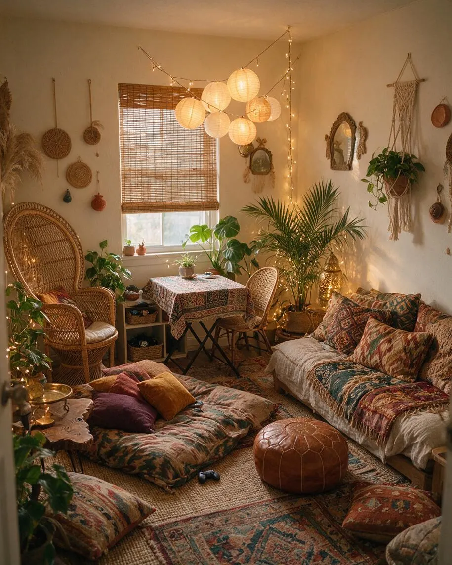 A warm bohemian game room filled with layered rugs, floor cushions, patterned sofas, and a woven chair. String lights and paper lanterns hang from the ceiling, while bamboo shades, potted plants, macrame wall decor, and a leather pouf create a relaxed, eclectic atmosphere.