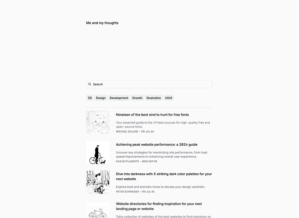 The image displays a clean, minimalist interface of a blog or article listing page.