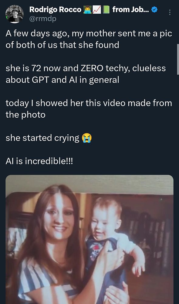 A nostalgic photo of a mother holding her baby, accompanied by a heartfelt tweet about the emotional impact of AI.