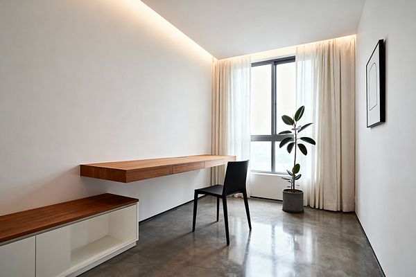 A minimalist home office features a wall-mounted walnut desk with slim drawers and a single black chair on a polished concrete floor. A large gray metal-framed window with floor-length sheer curtains brings diffused daylight, while warm cove lighting grazes smooth white walls; a low white credenza with a walnut top, a potted rubber plant, and a simple black-framed line print complete the uncluttered space.