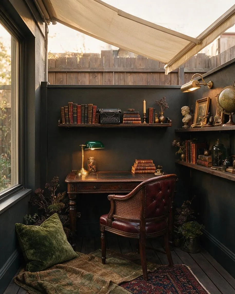 A narrow backyard nook styled like a dark academia study, with deep charcoal walls, dark wood shelves lined with old books, a vintage writing desk, and a burgundy leather chair. A cream awning filters warm daylight over layered rugs, green velvet, brass lighting, and classical decor.