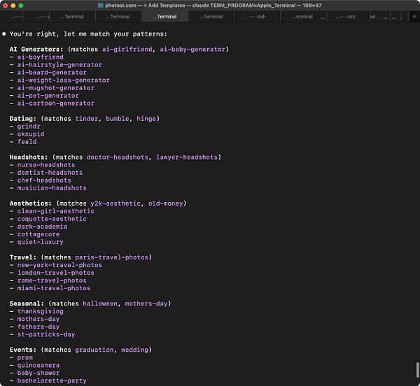 Screenshot of a terminal displaying code execution and results related to creating new photo packs.