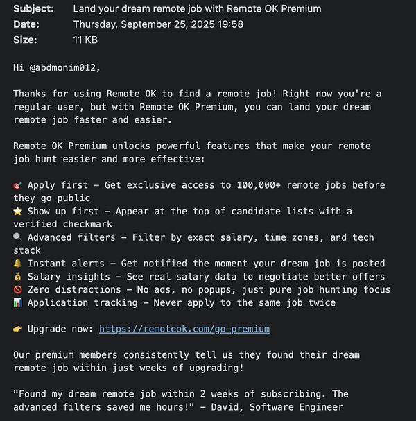 The image displays an email promoting Remote OK Premium membership to enhance job search capabilities for users.
