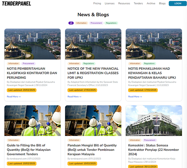 The image displays a blog page layout for TenderPanel featuring various news articles related to procurement and regulations.