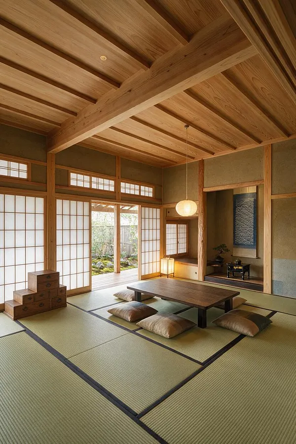 A serene Japanese Zen-style sunroom with tatami mats, a low wooden table, floor cushions, and shoji screens surrounding a view of a small garden. Natural wood beams, a pendant lantern, and a recessed alcove with a scroll and bonsai create a calm, minimalist atmosphere.