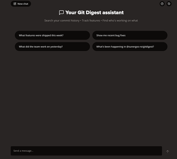 The image displays a user interface for the Git Digest assistant chatbot.