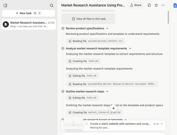 The image displays a task management interface focused on market research assistance using a product.