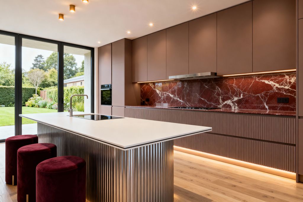 Contemporary kitchen with a single wall of matte taupe, handleless cabinets and fluted lower drawers, anchored by a glossy red marble backsplash and counter. A white quartz island with integrated sink and induction cooktop stands on ribbed stainless cladding, with three burgundy velvet stools. Warm under-cabinet and toe-kick lighting, recessed ceiling spots, light oak flooring, and large black-framed sliding glass doors to a garden complete the scene.