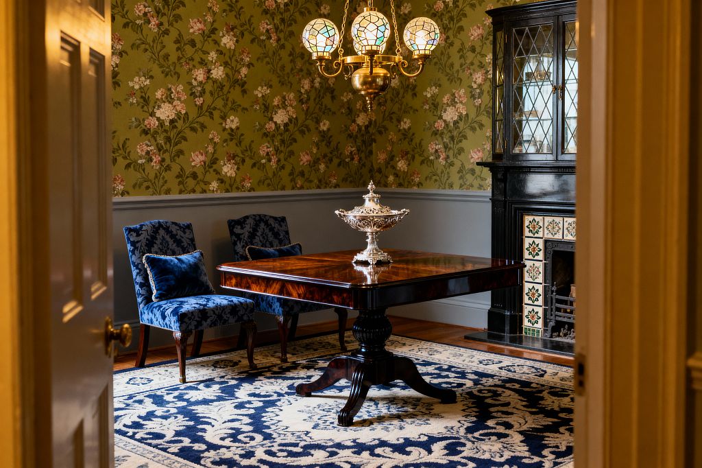 View through an open doorway into a Victorian dining room featuring a high-gloss mahogany pedestal table centered on a navy-and-cream patterned rug, with two armless side chairs in deep blue damask along the wall. The room has moss-green floral wallpaper above gray-blue wainscoting, a black cabinet and fireplace with green-and-cream tiles, a brass chandelier with three stained-glass globes overhead, and a silver tureen on the table.