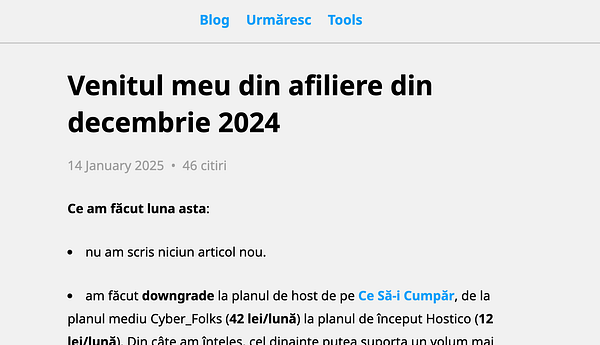 A blog post titled 'Venitul meu din afiliere din decembrie 2024' discusses affiliate income for December 2024.