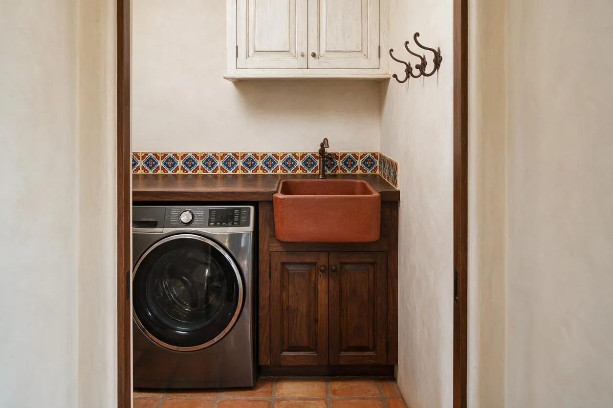A narrow Mediterranean-style laundry room with a front-loading washer built into dark wood cabinetry beside a deep terracotta sink. The space features a colorful patterned tile border, terracotta floor tiles, white plaster walls, and a small white wall cabinet above.