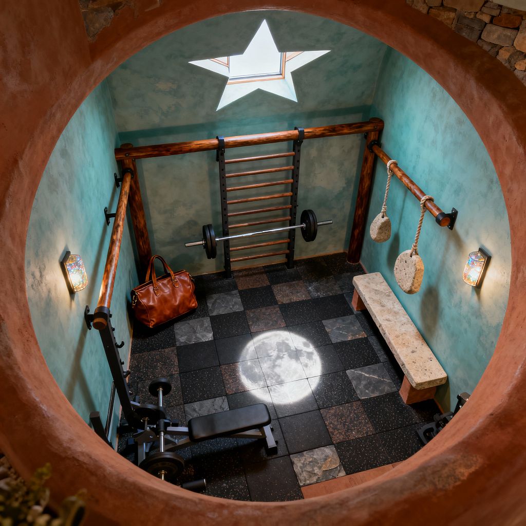 A compact Southwestern home gym seen from above through a circular opening. Turquoise plaster walls sit beneath a rust-colored stucco arch, with a star-shaped skylight overhead. Peeled log rails and a wood stall bar hold a barbell, while an adjustable weight bench occupies the left corner. A travertine bench lines the right wall near two warm glass wall sconces. The floor is a checkerboard of slate and speckled rubber tiles with a circular spotlight; a leather duffel rests nearby.