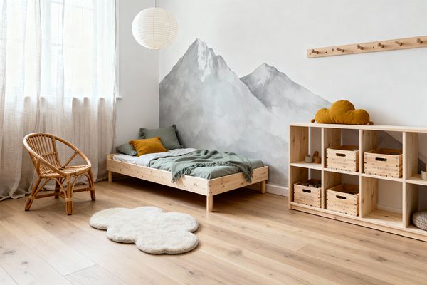 A Scandinavian-style kids’ room with a low pine bed dressed in sage green bedding and a mustard cushion sits against a white wall painted with a gray watercolor mountain mural. The space features light oak flooring, a white cloud-shaped wool rug, and a rattan chair near sheer linen curtains that filter daylight. A white paper lantern hangs above, while a pine cubby unit with wooden crates and a mustard cloud pillow lines the right wall beneath a simple wooden peg rail.