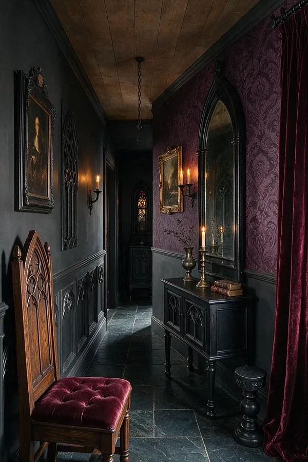 A narrow Gothic-style entryway with dark walls, purple patterned wallpaper, pointed-arch details, and a black console table topped with candles and books. A burgundy velvet bench and heavy curtains add richness, while antique portraits, a large mirror, and a stone tile floor create a dramatic, old-world atmosphere.