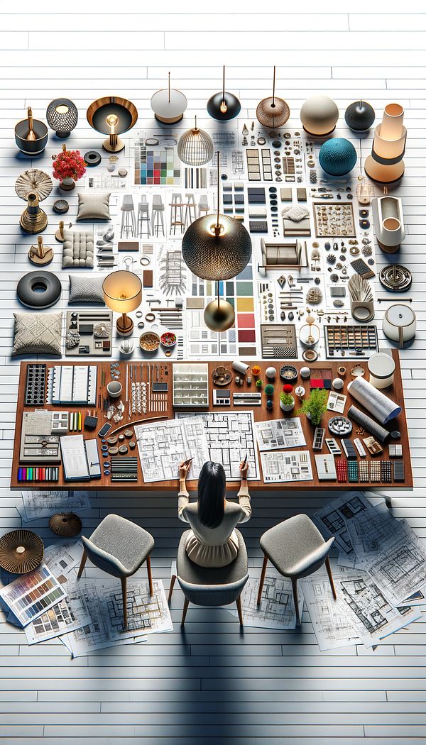 An interior designer reviews a comprehensive list of FF&E items, including a range of furniture, lighting fixtures, and equipment, laid out on a table during a project planning meeting.