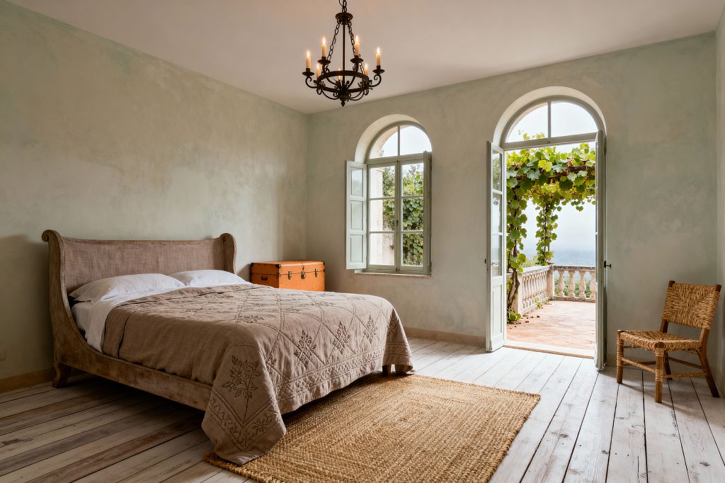 A serene French Country bedroom features limewashed sage walls, a weathered wood sleigh bed with an embroidered taupe linen coverlet and white pillows, and a natural jute rug on whitewashed plank floors beneath an iron candle chandelier. An arched door and a shuttered window open to a terrace with a vine-covered pergola and stone balustrade; a woven rush chair and a vintage leather trunk add rustic accents as sunlight fills the space.