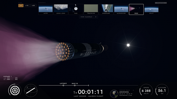 A space simulator interface showing a rocket in flight with various camera views, telemetry data, and control options.