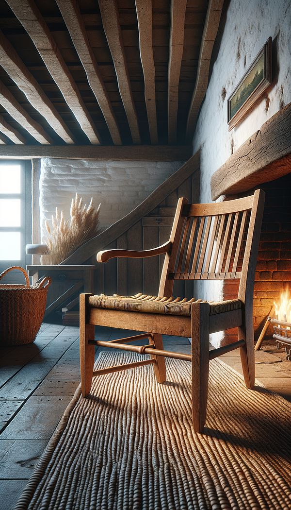 A beautifully crafted Sussex Chair made from elm, featuring a slatted back and rush seat, placed in a cozy corner of a rustic living room.