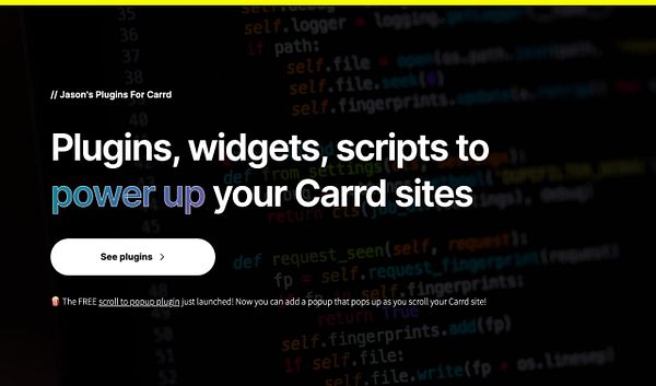 The image features a promotional webpage for Jason's Plugins for Carrd, showcasing various plugins and a new feature announcement.