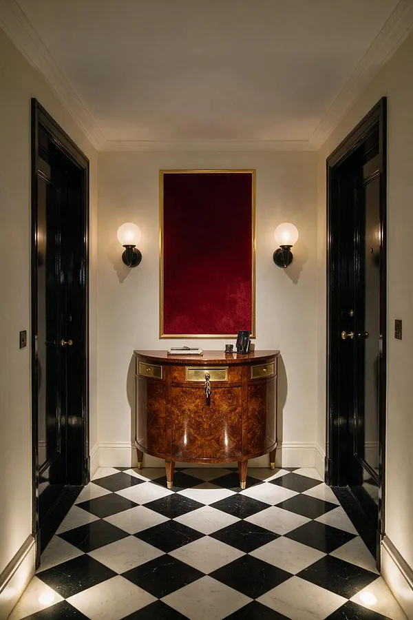 A narrow Art Deco entryway with glossy black doors on both sides, cream walls, and a black-and-white diamond checkered floor. At the far end sits a curved burl-wood console table with brass accents beneath a large red velvet-framed wall panel, flanked by two globe wall sconces.