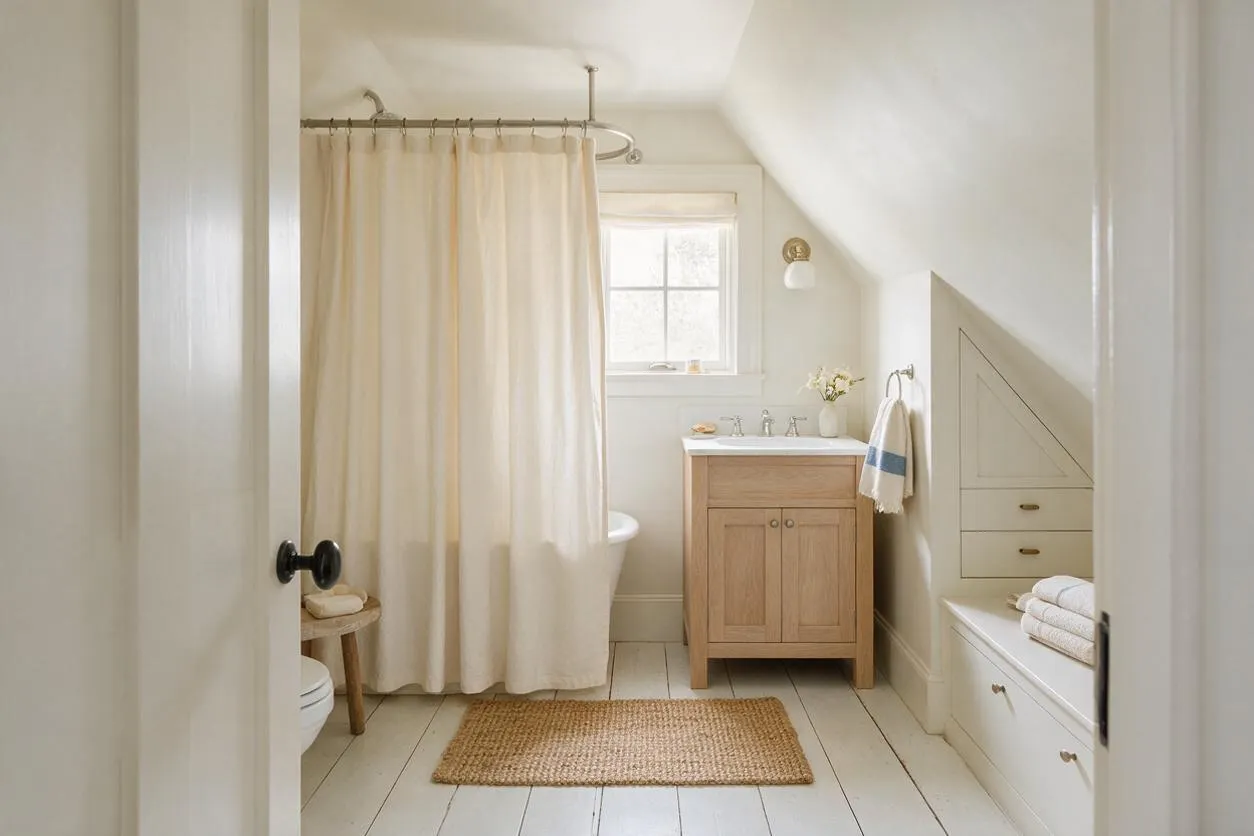 A bright coastal-style master bathroom with a cream shower curtain, light wood vanity, white beadboard-style walls, and a small window above the sink. A woven rug, folded towels, and simple brass and chrome fixtures add a relaxed, airy feel.