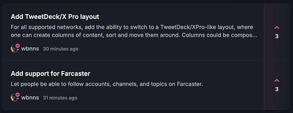 The image displays a task management interface featuring two feature requests related to a project.