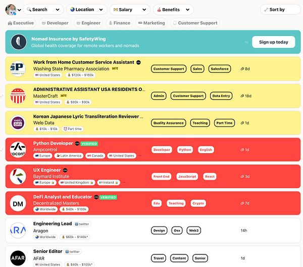 The image displays a job listing interface with various remote job opportunities.