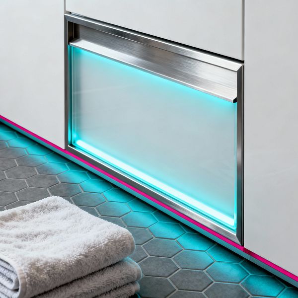 Close-up of a sleek laundry room cabinet showing glossy white surfaces with a brushed stainless steel drawer frame and a translucent acrylic panel lit by cyan LEDs. The blue light spills onto dark graphite hexagon floor tiles, emphasized by a slim magenta toe-kick accent, while folded white towels sit on the floor, reinforcing the clean, high-tech, minimalist look.