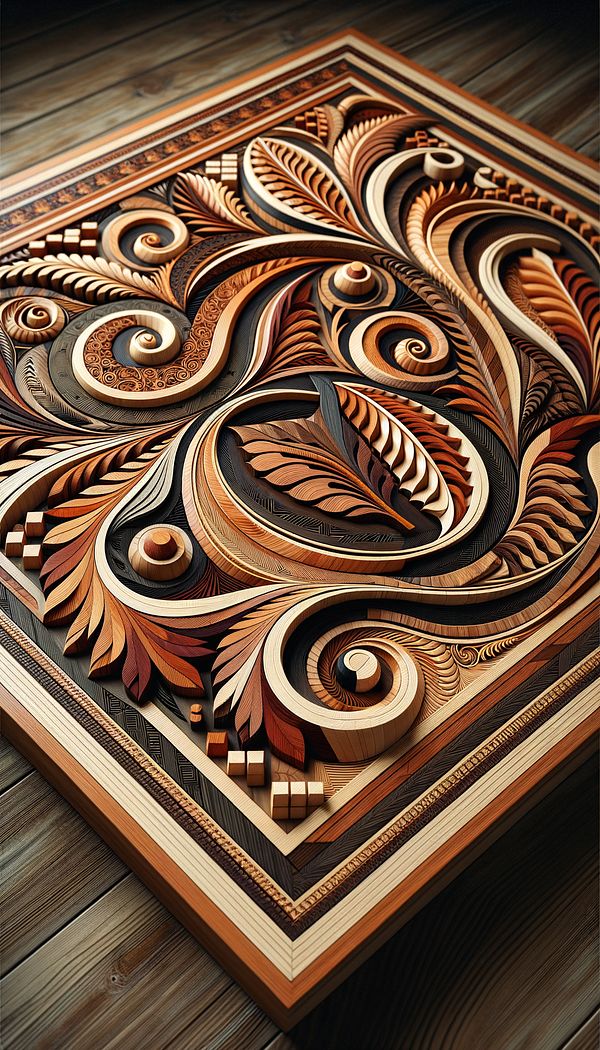 A close-up of an intricate intarsia pattern on a wooden table, showcasing various wood types and colors.