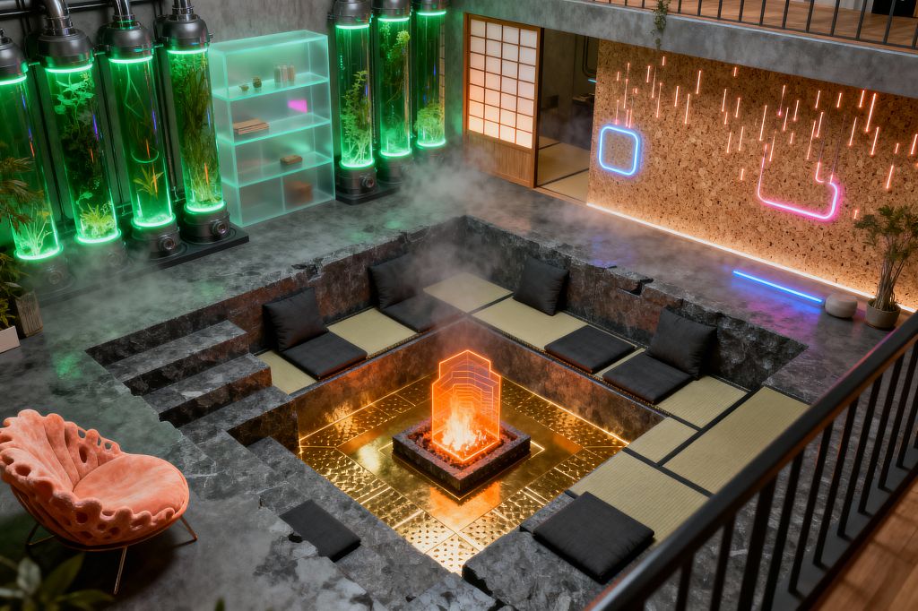 An industrial loft living room features a deep, stone-clad conversation pit with tatami-lined benches and black floor cushions centered on a fire accented by layered orange acrylic over brass-plated flooring. Surrounding elements include concrete floors, a cork accent wall with blue and pink neon, a row of green-lit hydroponic glass cylinders beside a frosted acrylic shelf, a shoji door leading to a side room, misty ambient lighting, and a coral sculptural lounge chair.