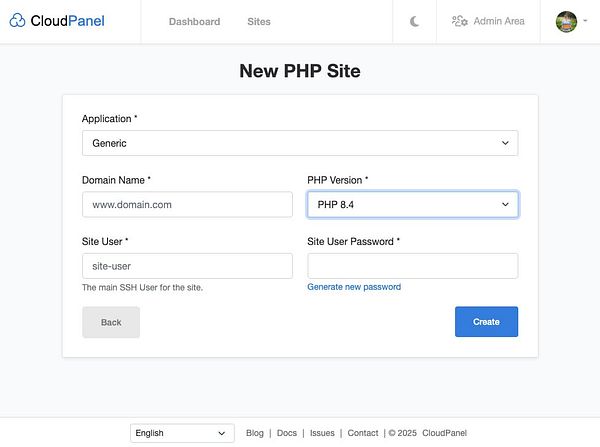 The image displays a user interface for creating a new PHP site in CloudPanel.