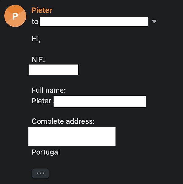 Email draft from Pieter providing NIF ID number, full name, and complete address to FedEx Portugal for customs clearance.