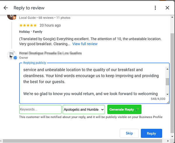 A screenshot of a review response interface for a business on Google.