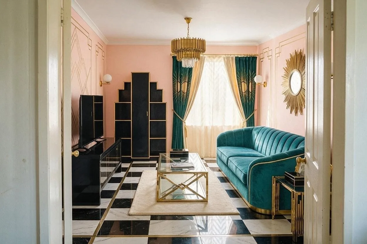 The same Art Deco living room in the Peach Salon palette: peach, teal velvet, ivory, black, and brass