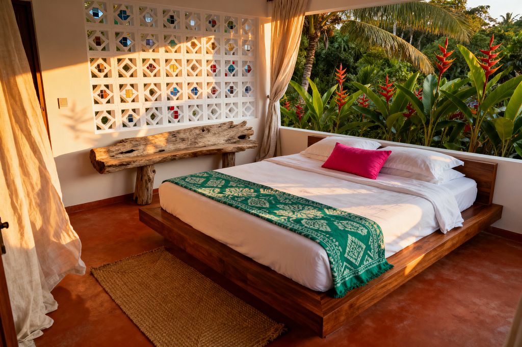 An open-air tropical bedroom shows a low wooden platform bed with white sheets, an emerald patterned throw at the foot, and a bright fuchsia lumbar pillow. Warm sunset light washes a terracotta-toned concrete floor, a jute rug, and a rustic driftwood bench; a white geometric breeze-block wall with small colored glass pieces and soft linen curtains opens to dense greenery with red heliconia flowers and palm trees.