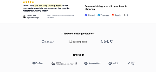 The image features a customer testimonial along with logos of trusted platforms and media mentions.