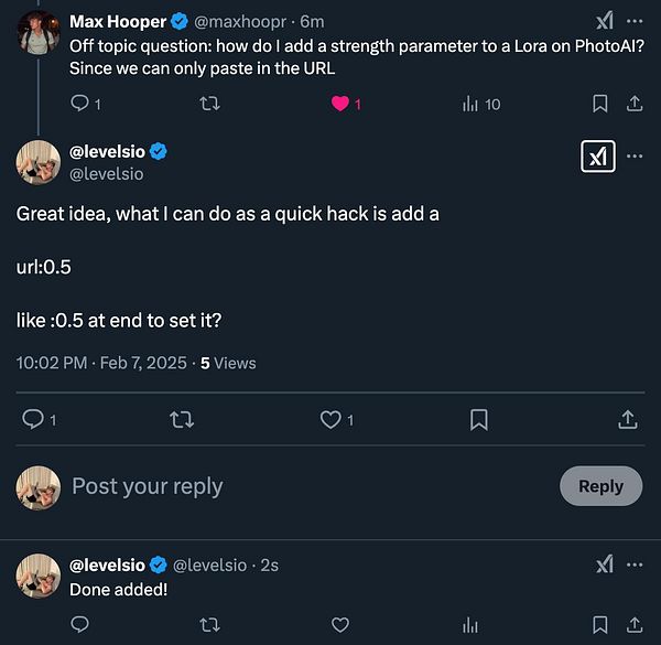 A Twitter conversation discussing how to add a strength parameter to a LoRa URL in PhotoAI.
