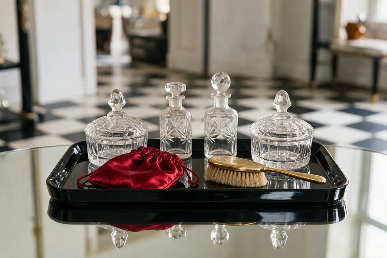A glossy black tray sits on a mirrored tabletop, holding four faceted crystal glass containers, a red satin drawstring pouch, and a gold-handled hairbrush. The background shows a black-and-white checkerboard floor and bright, elegant interior details, creating a polished Hollywood Regency look.