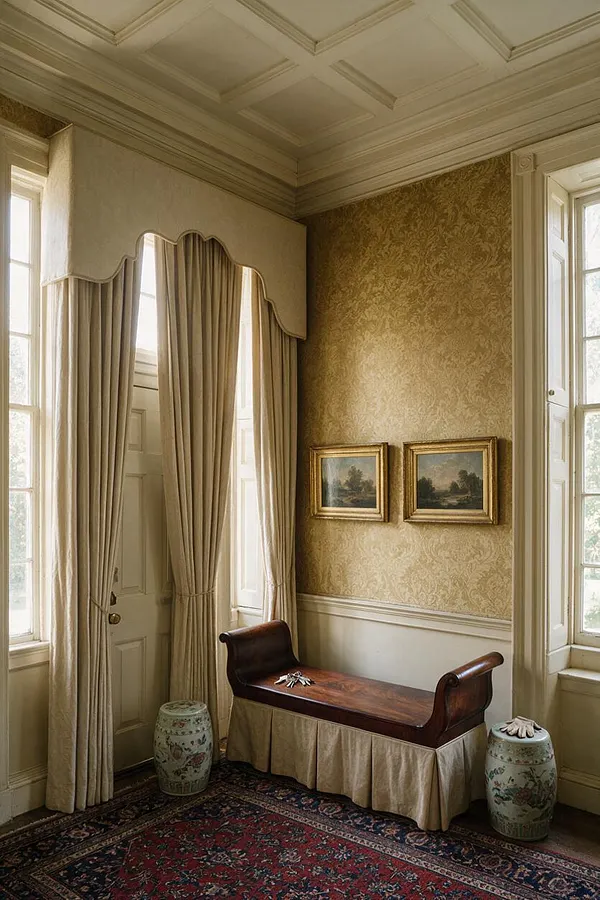 A traditional entryway with tall windows, cream drapery framing the door, patterned gold wallpaper, and a dark wood bench with a skirted base. Two small framed landscape paintings hang above the bench, while floral ceramic stools and a richly patterned rug complete the warm, formal look.